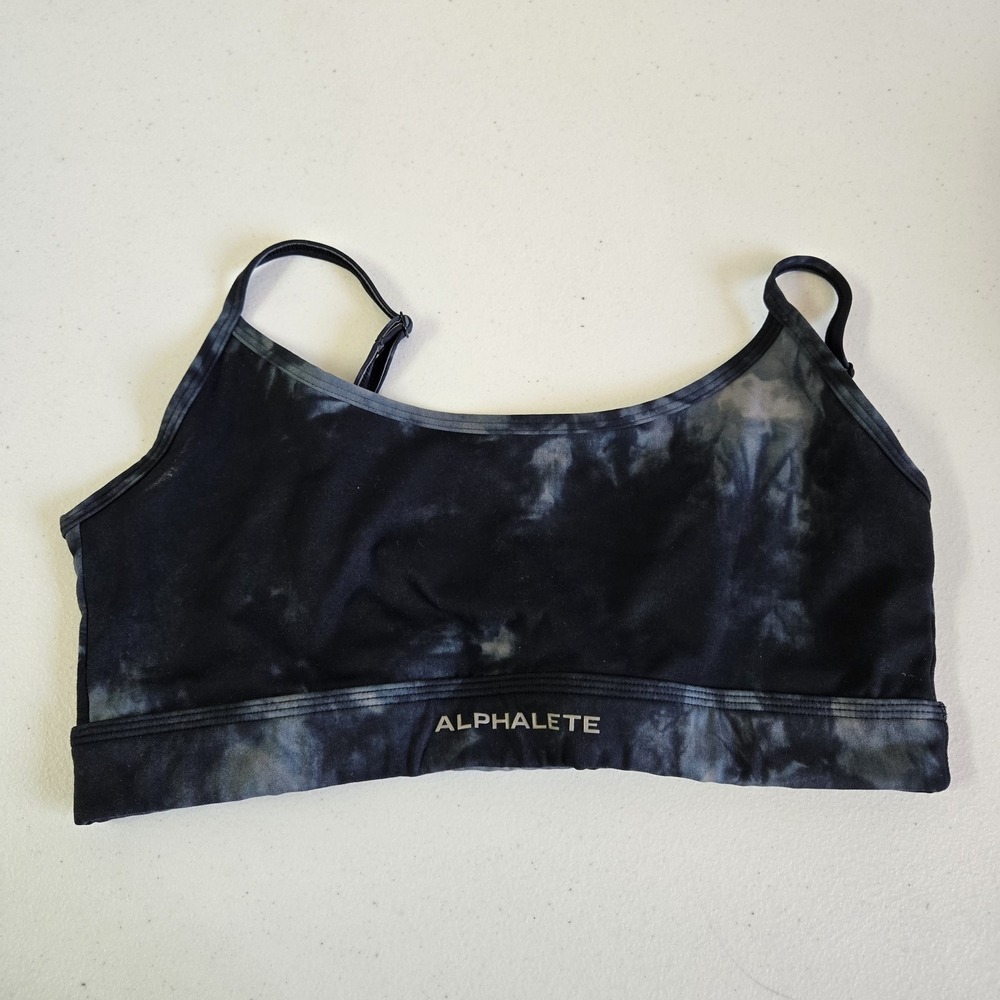 Alphalete Women Sports Bra Large Black Gray Tie Dye Logo Strap READ